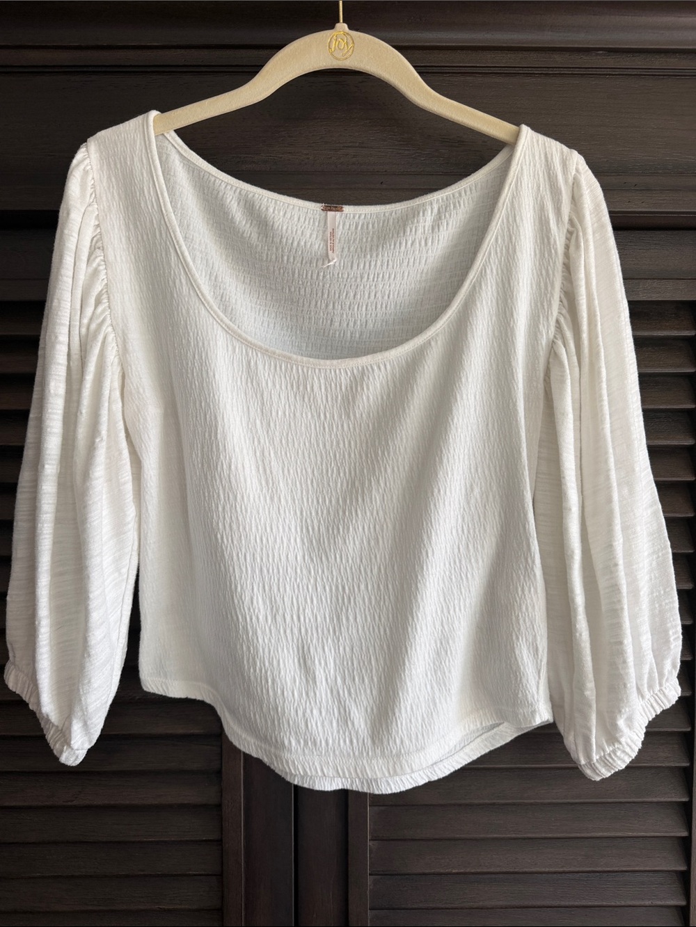 Free People White Textured Scoop Neck Long Sleeve Top